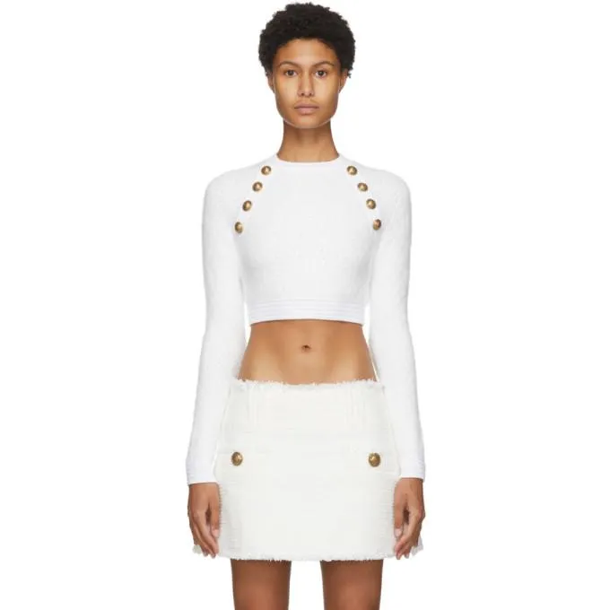 Balmain Off-White Cropped Fluffy Diamond Sweater