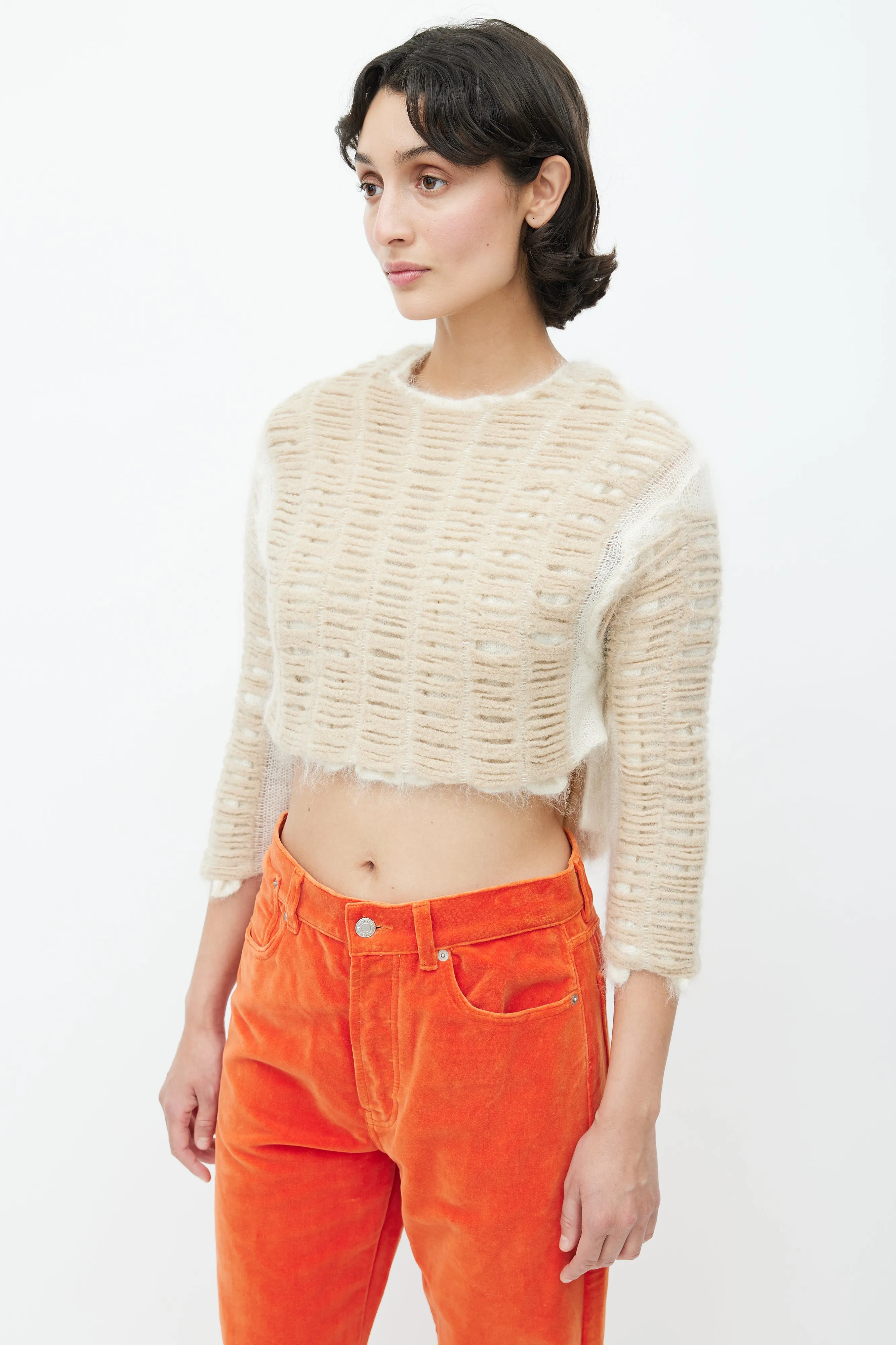 Beige Cropped Knit Wool Sweater