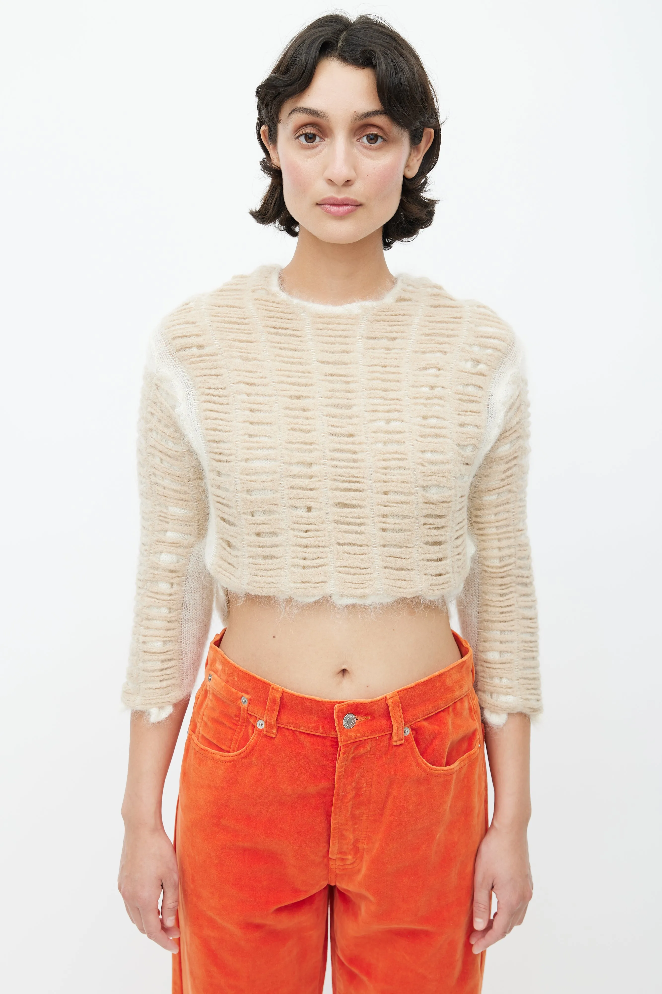 Beige Cropped Knit Wool Sweater