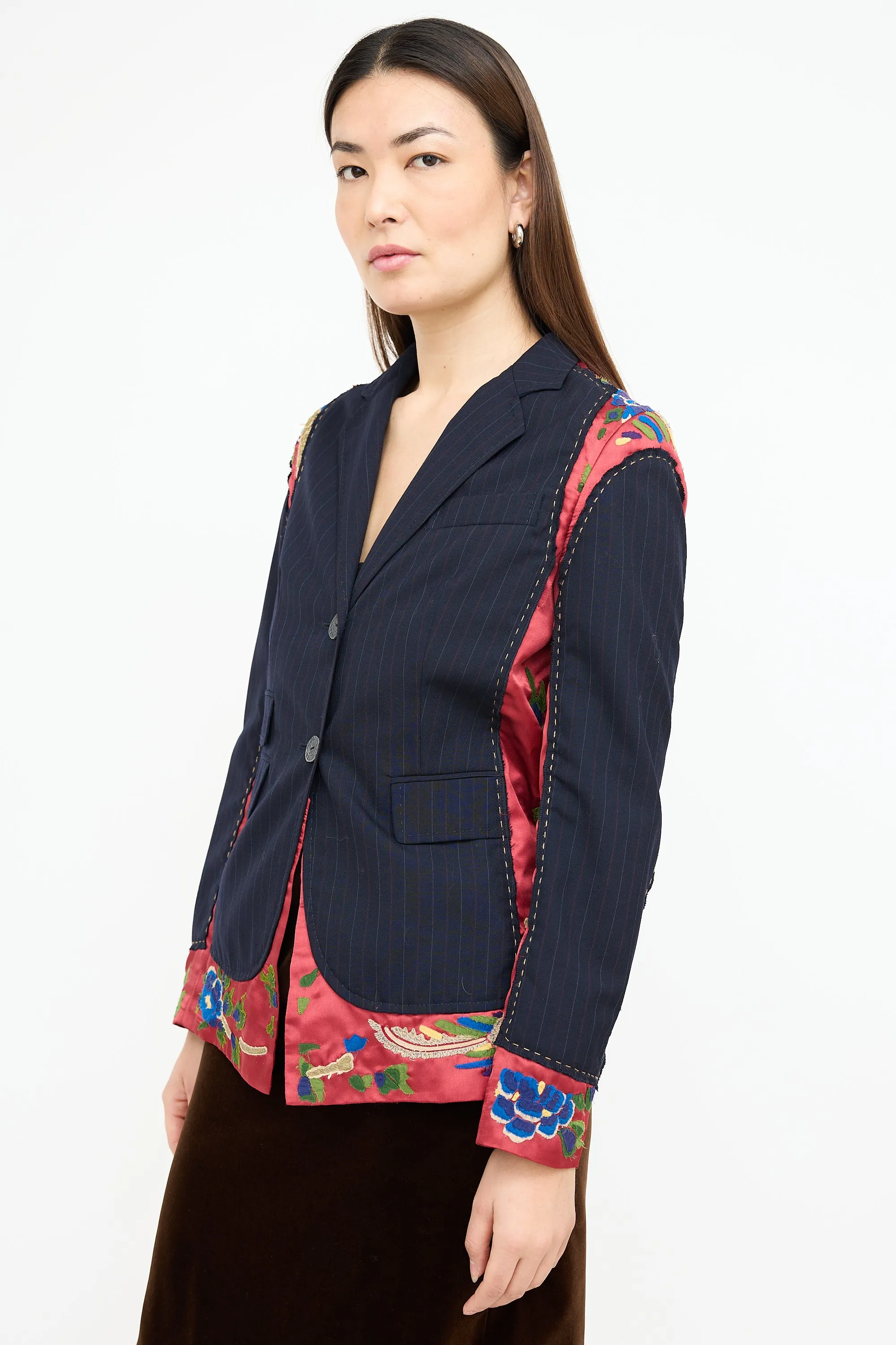 Black & Multi Embroidered Pinstripe Blazer