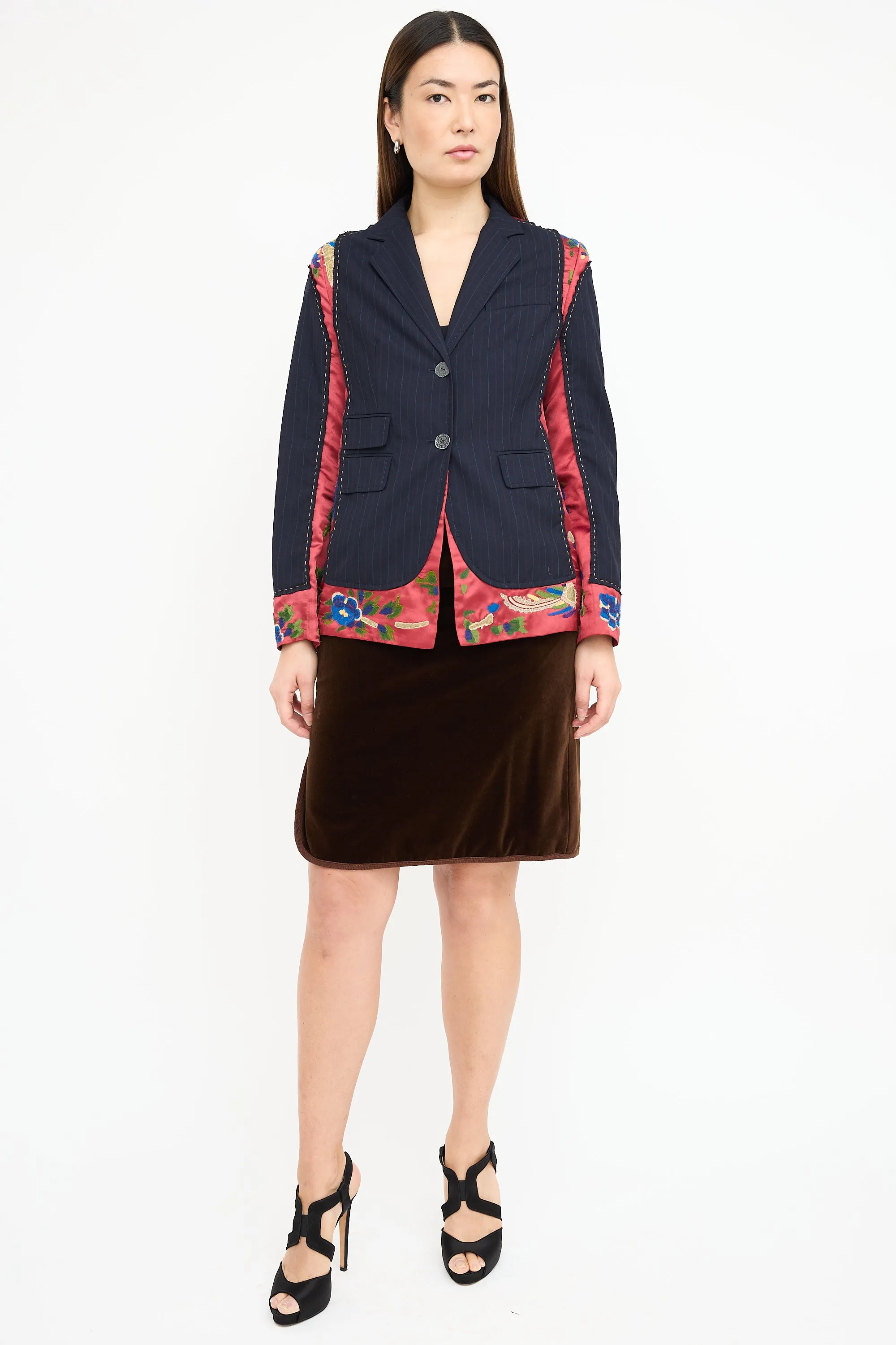 Black & Multi Embroidered Pinstripe Blazer