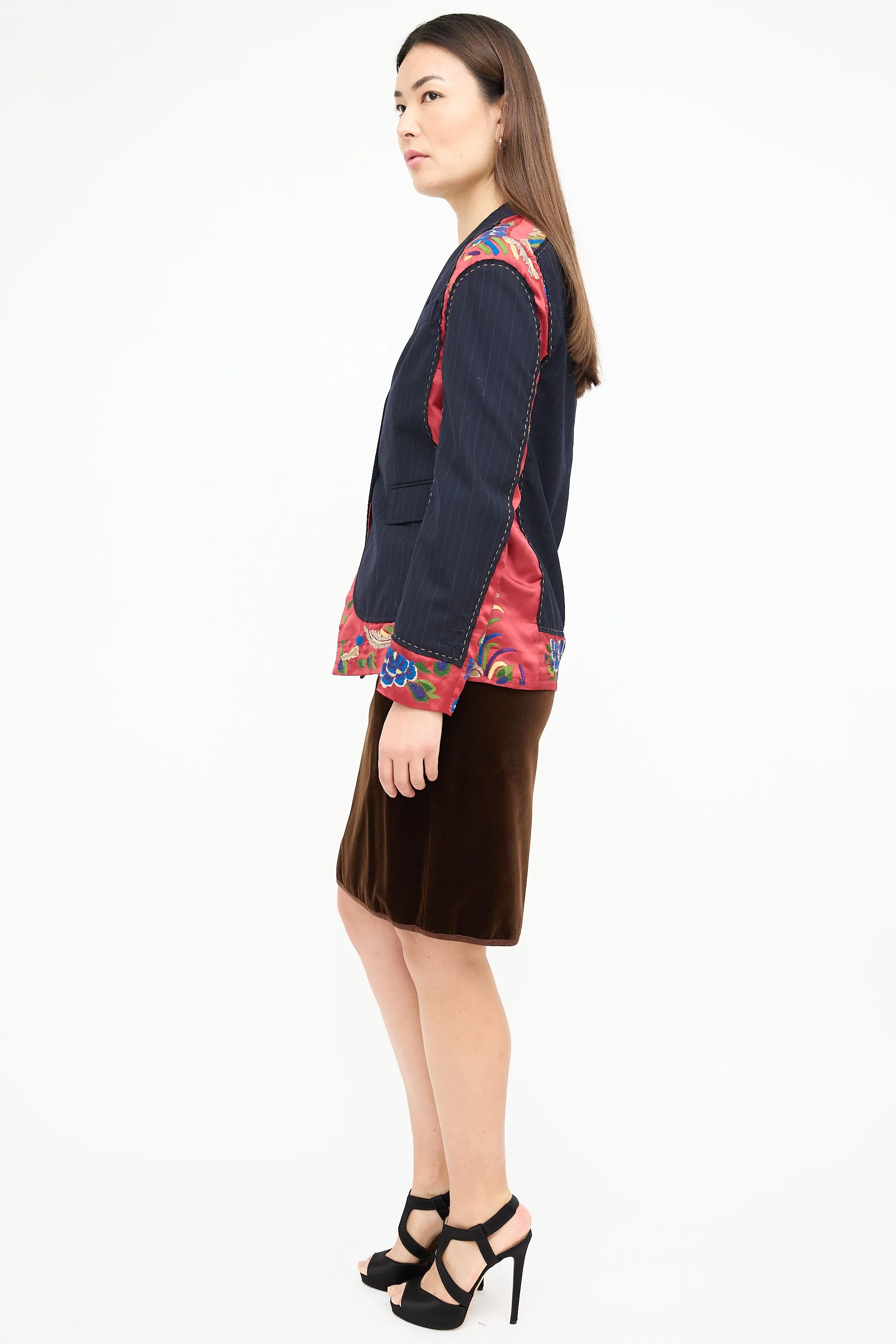Black & Multi Embroidered Pinstripe Blazer