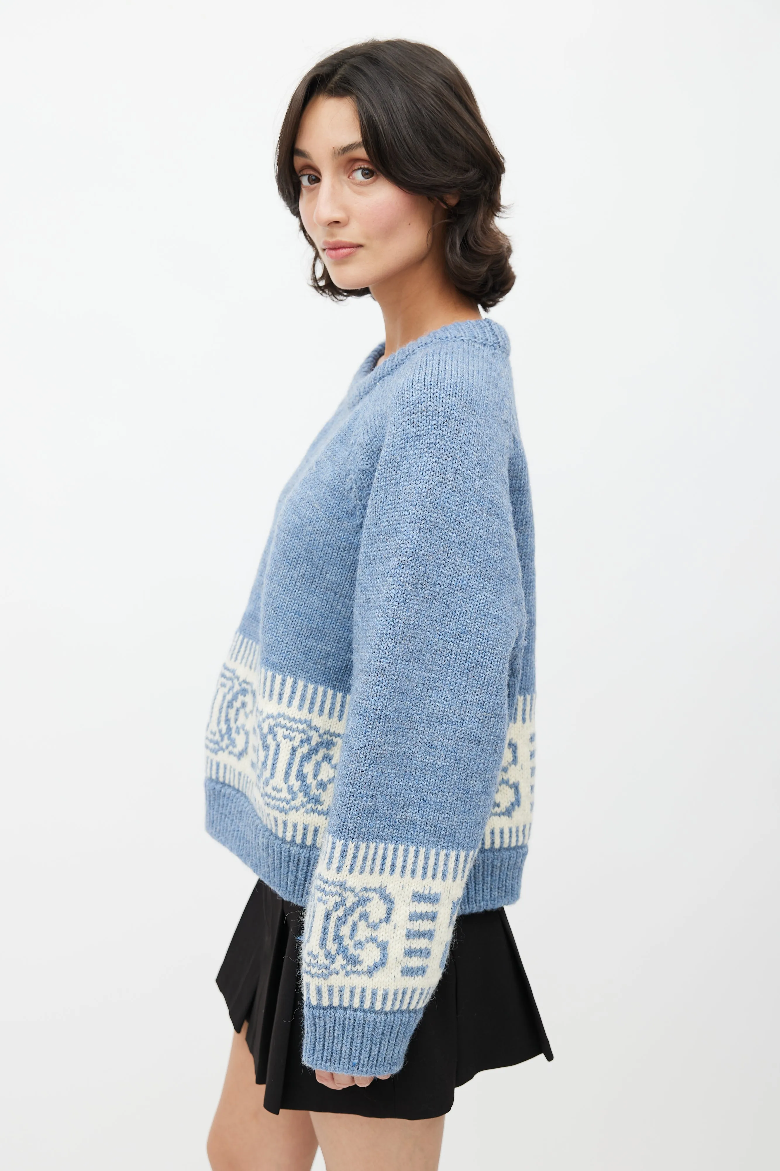 Blue Knit Triomphe Cropped Sweater