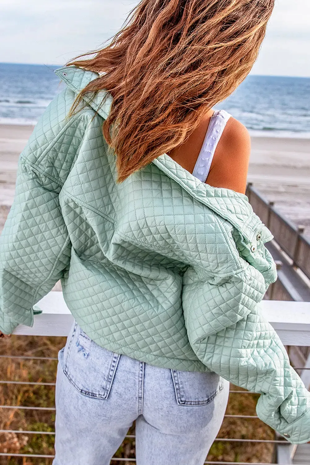 Blue Zone Planet |  Green Quilted Pocketed Zip-up Cropped Jacket