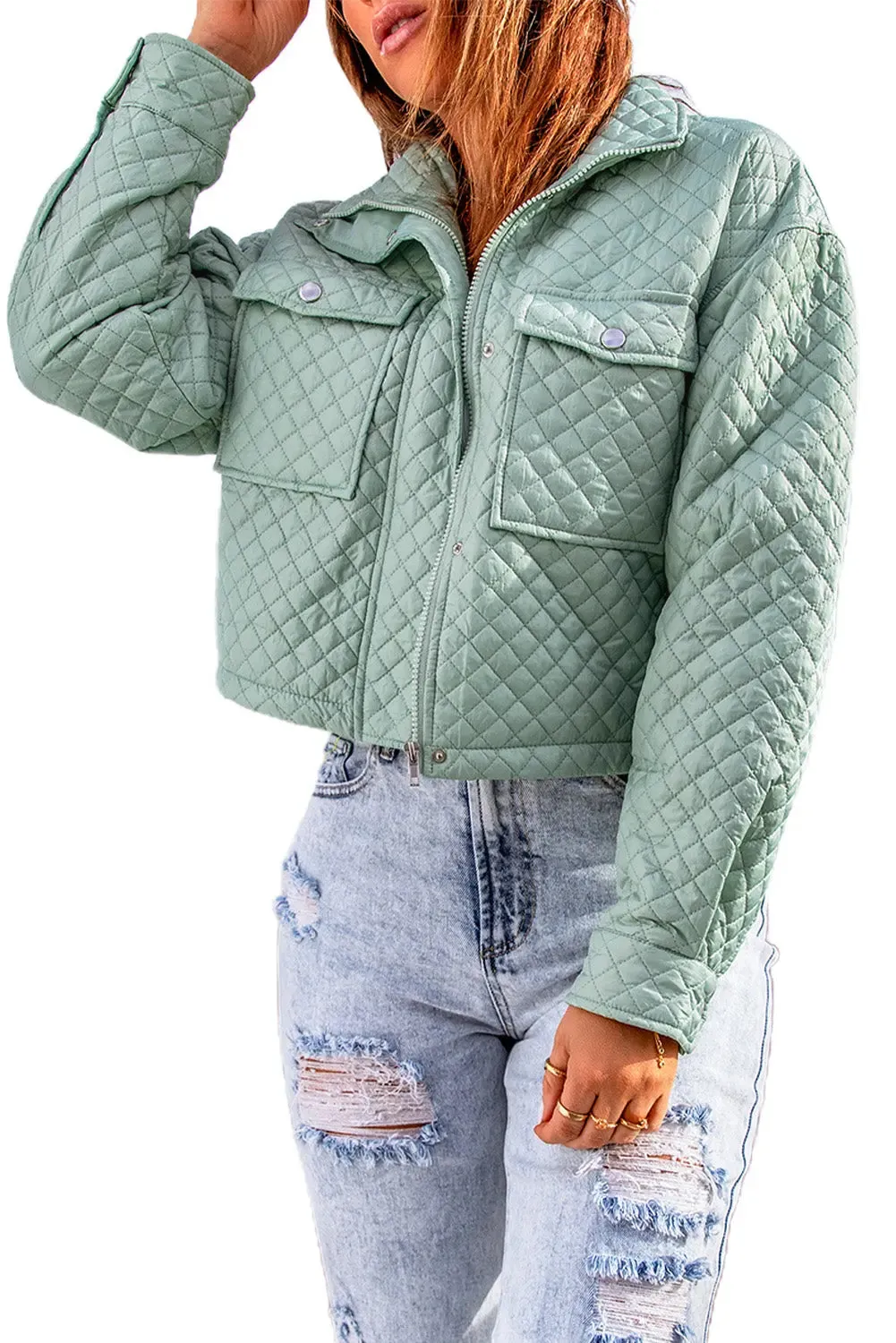 Blue Zone Planet |  Green Quilted Pocketed Zip-up Cropped Jacket