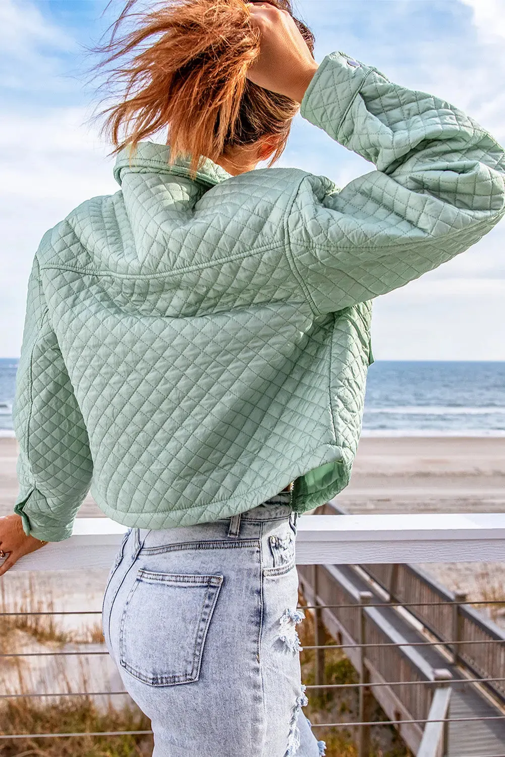 Blue Zone Planet |  Green Quilted Pocketed Zip-up Cropped Jacket