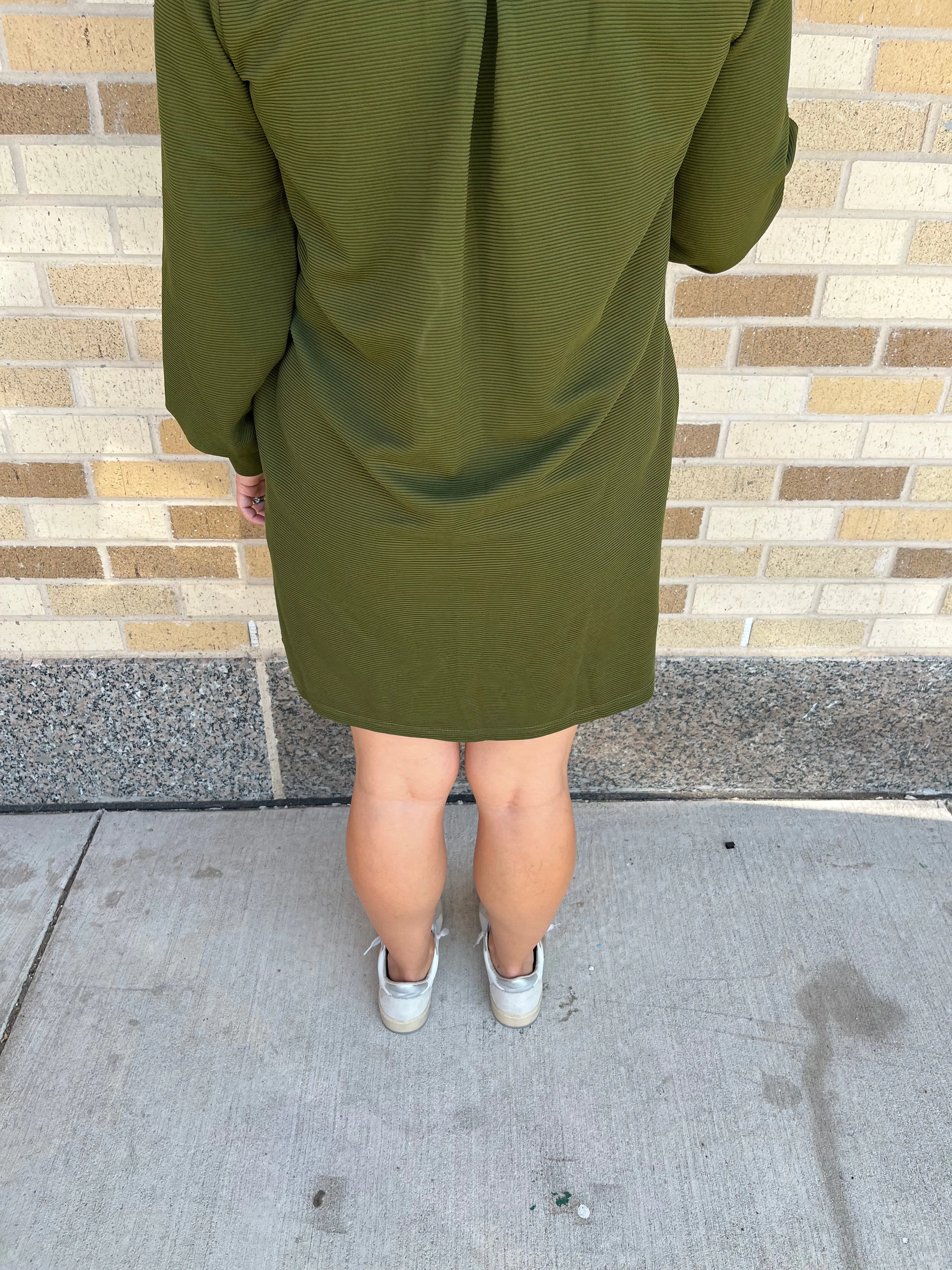 Collared Long Sleeve Ribbed Dress - Olive