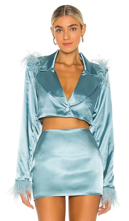 DANIELLE GUIZIO Feathered Double Breasted Cropped Blazer in Blue