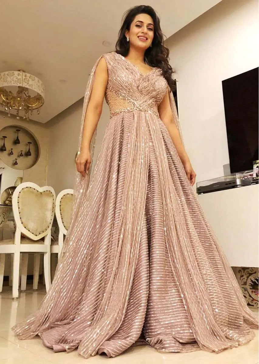Divyanka Tripathi in kalki Onion pink satin jaal embroidered net gown with drape at the back