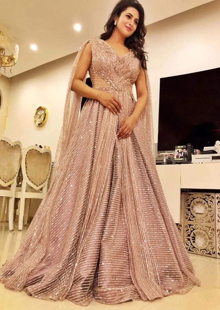 Divyanka Tripathi in kalki Onion pink satin jaal embroidered net gown with drape at the back