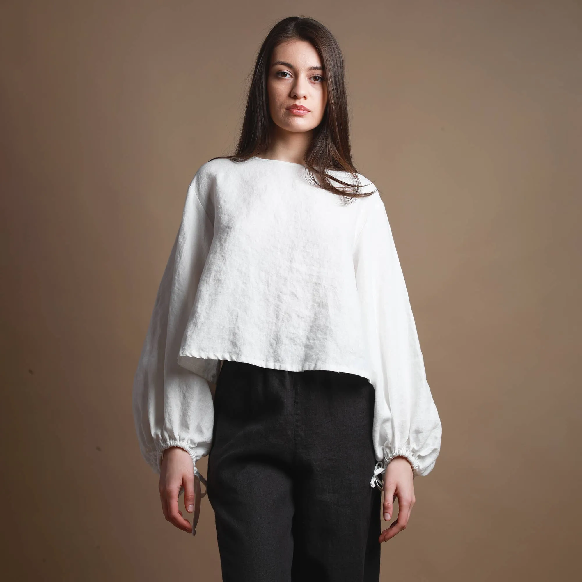 Knotium Puff Sleeve Cropped Off White Linen Shirt with Back Ties
