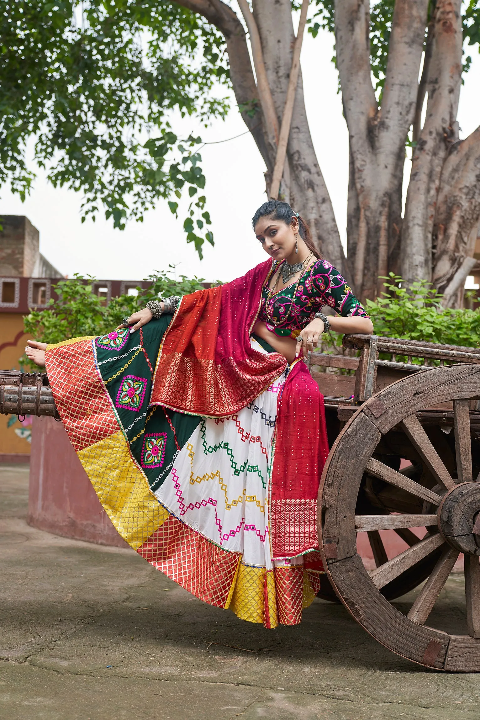 Multicolor Panel Chaniya Choli with Embroidered Blouse & Red Dupatta