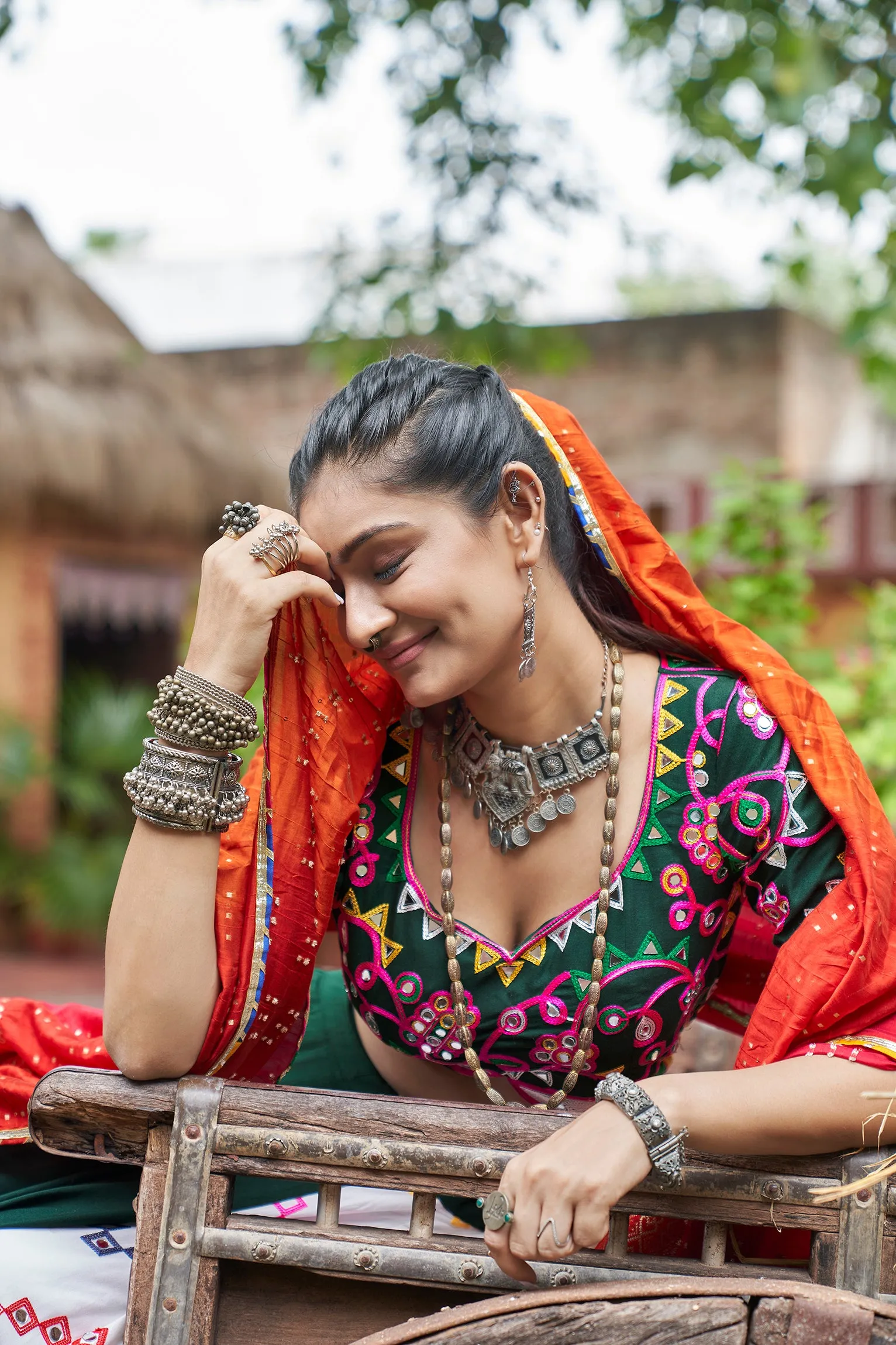 Multicolor Panel Chaniya Choli with Embroidered Blouse & Red Dupatta
