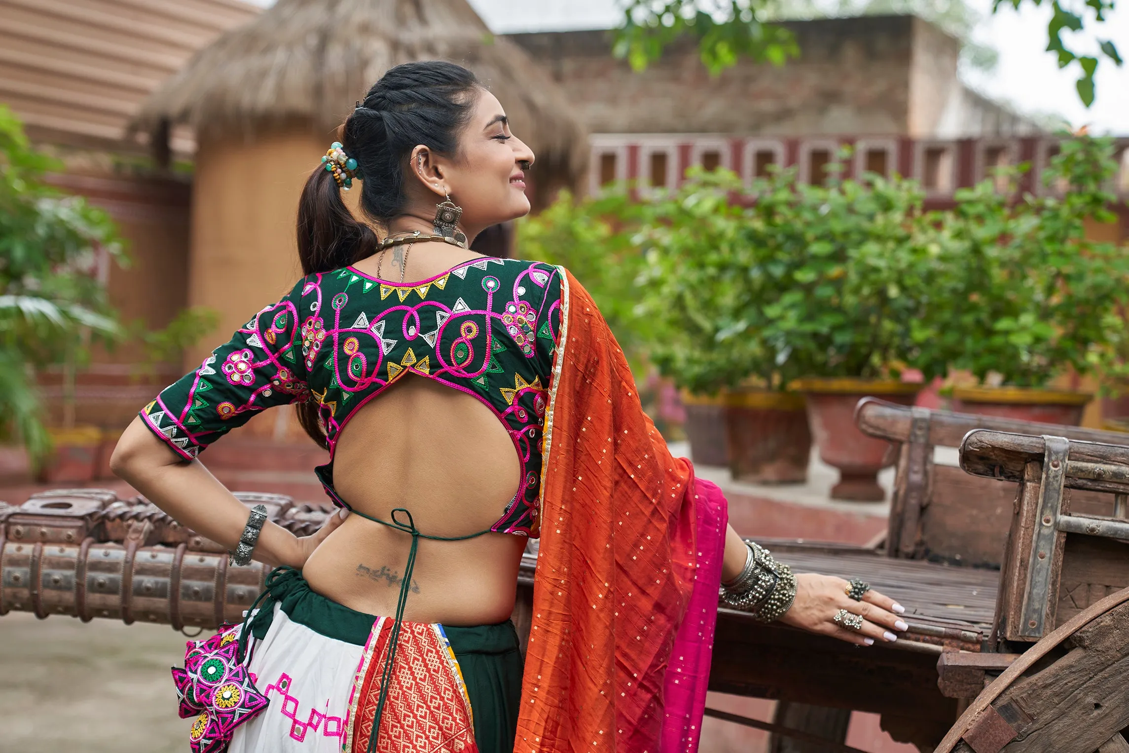 Multicolor Panel Chaniya Choli with Embroidered Blouse & Red Dupatta
