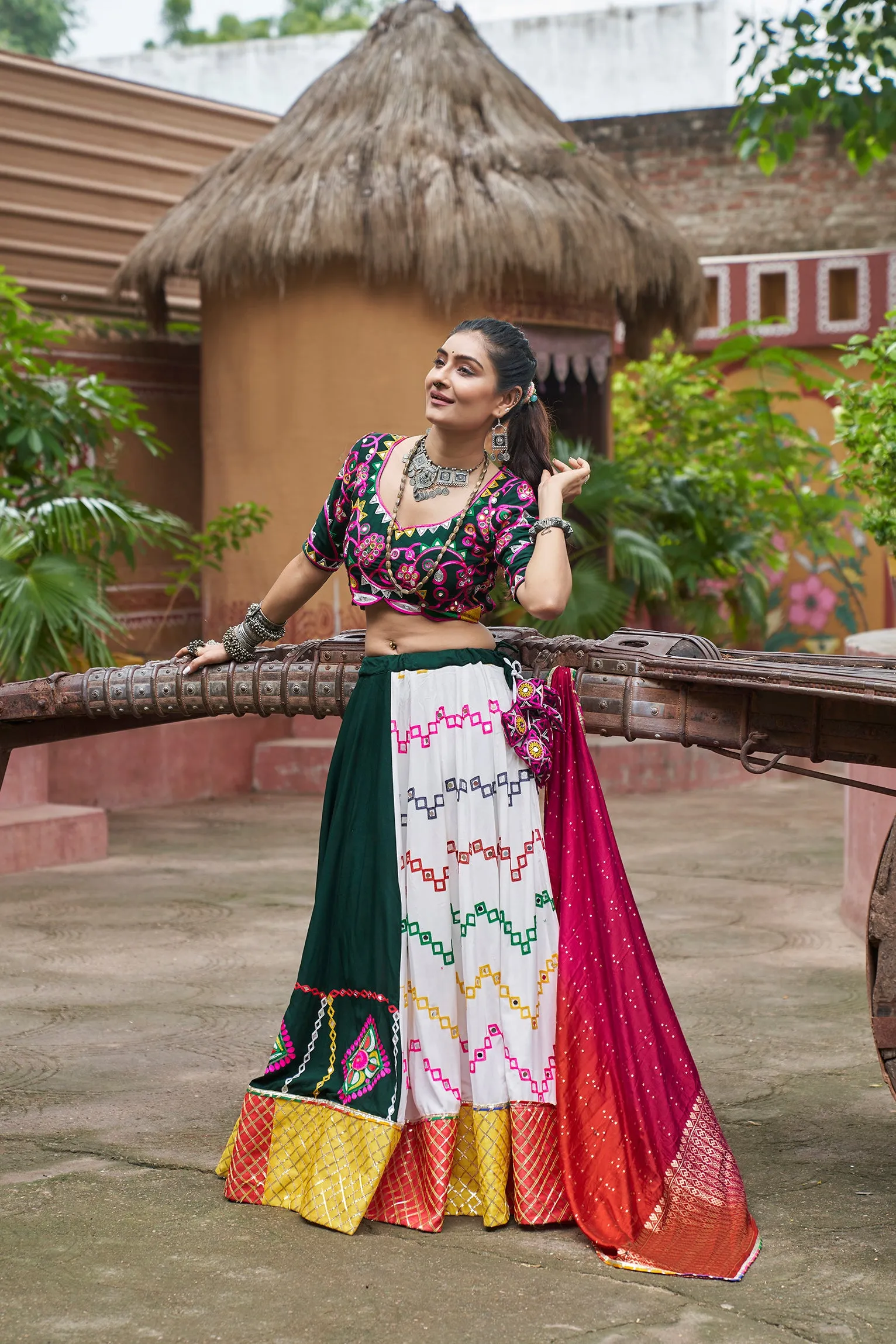 Multicolor Panel Chaniya Choli with Embroidered Blouse & Red Dupatta