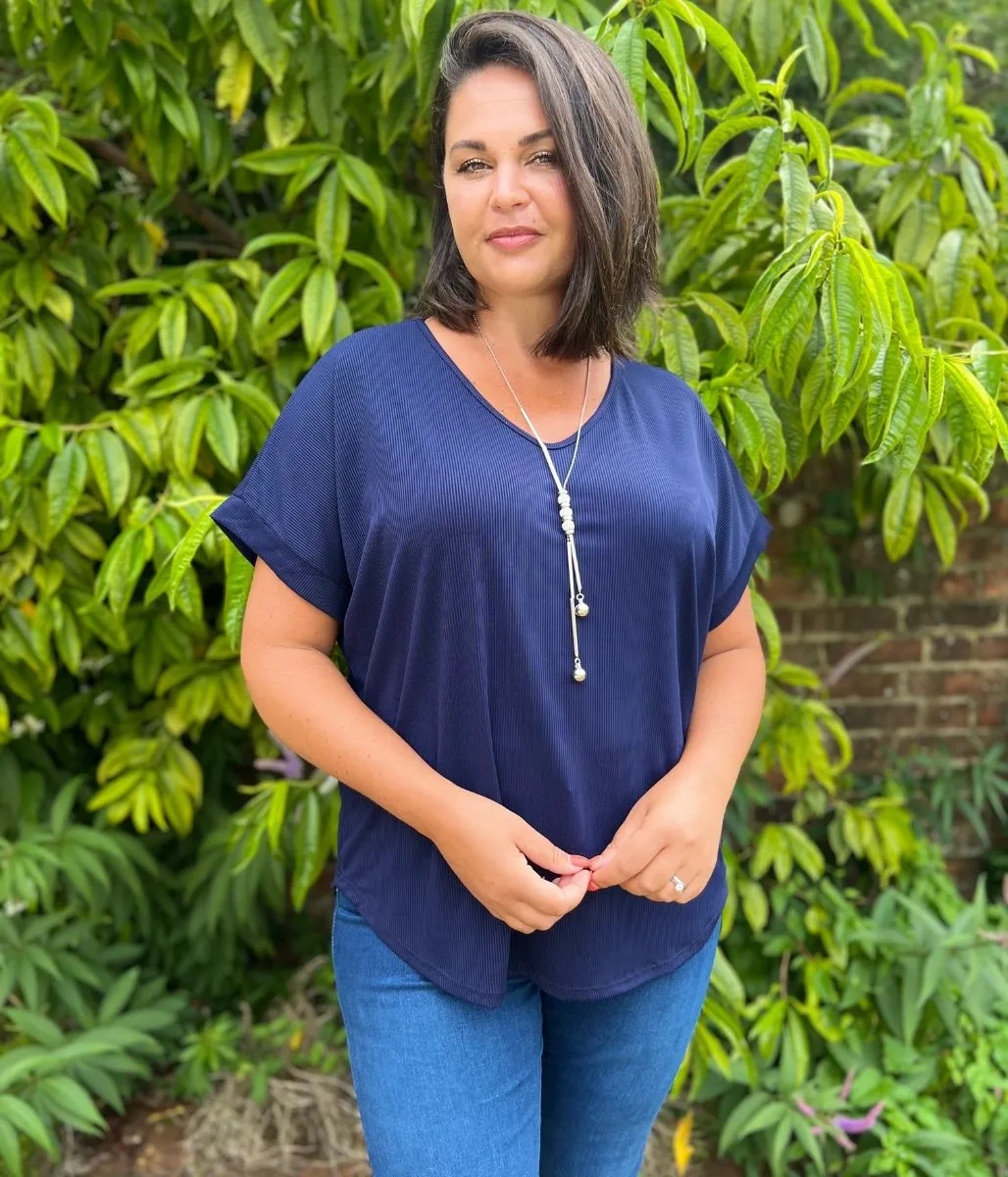 Navy Ribbed Necklace Top