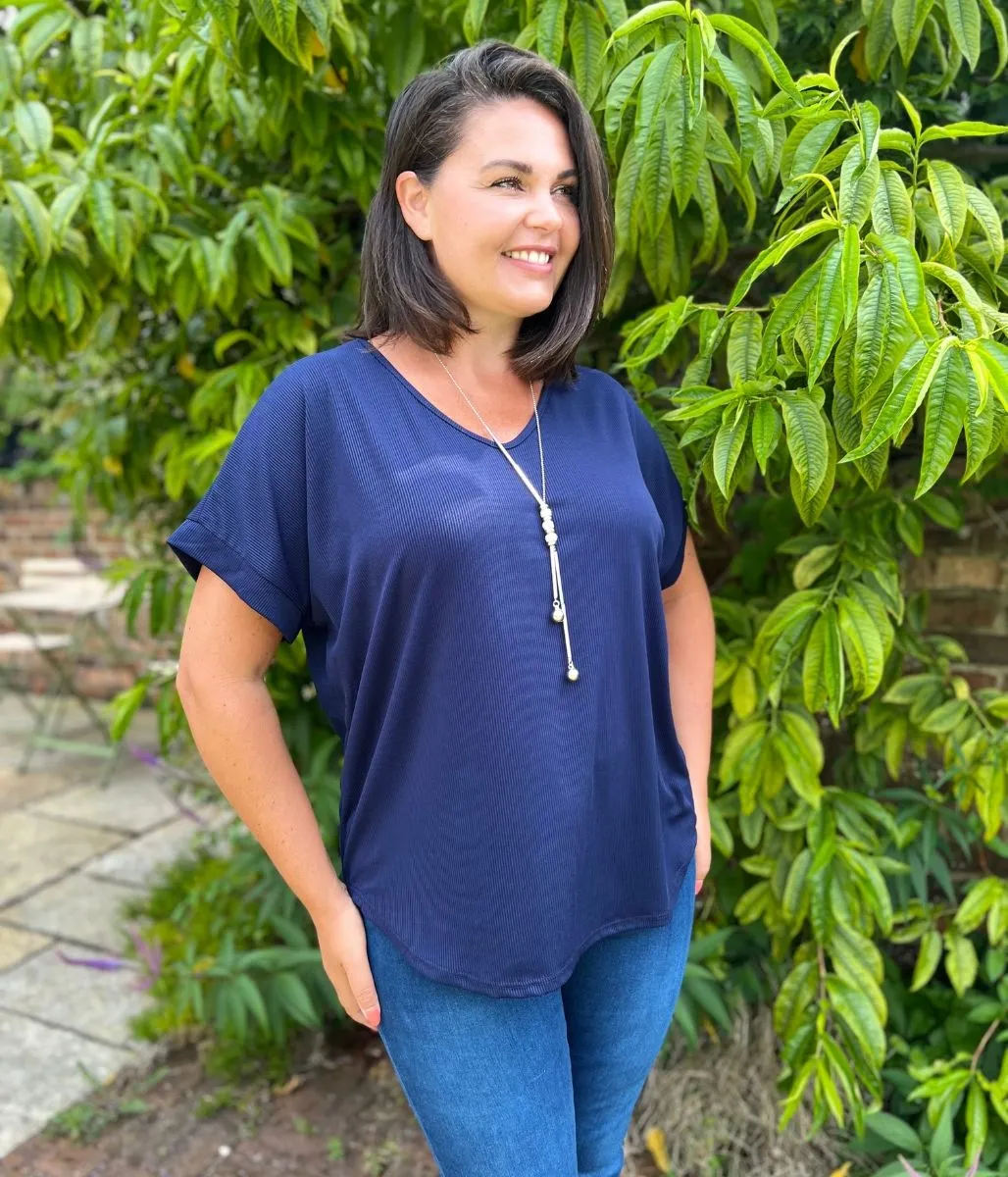 Navy Ribbed Necklace Top