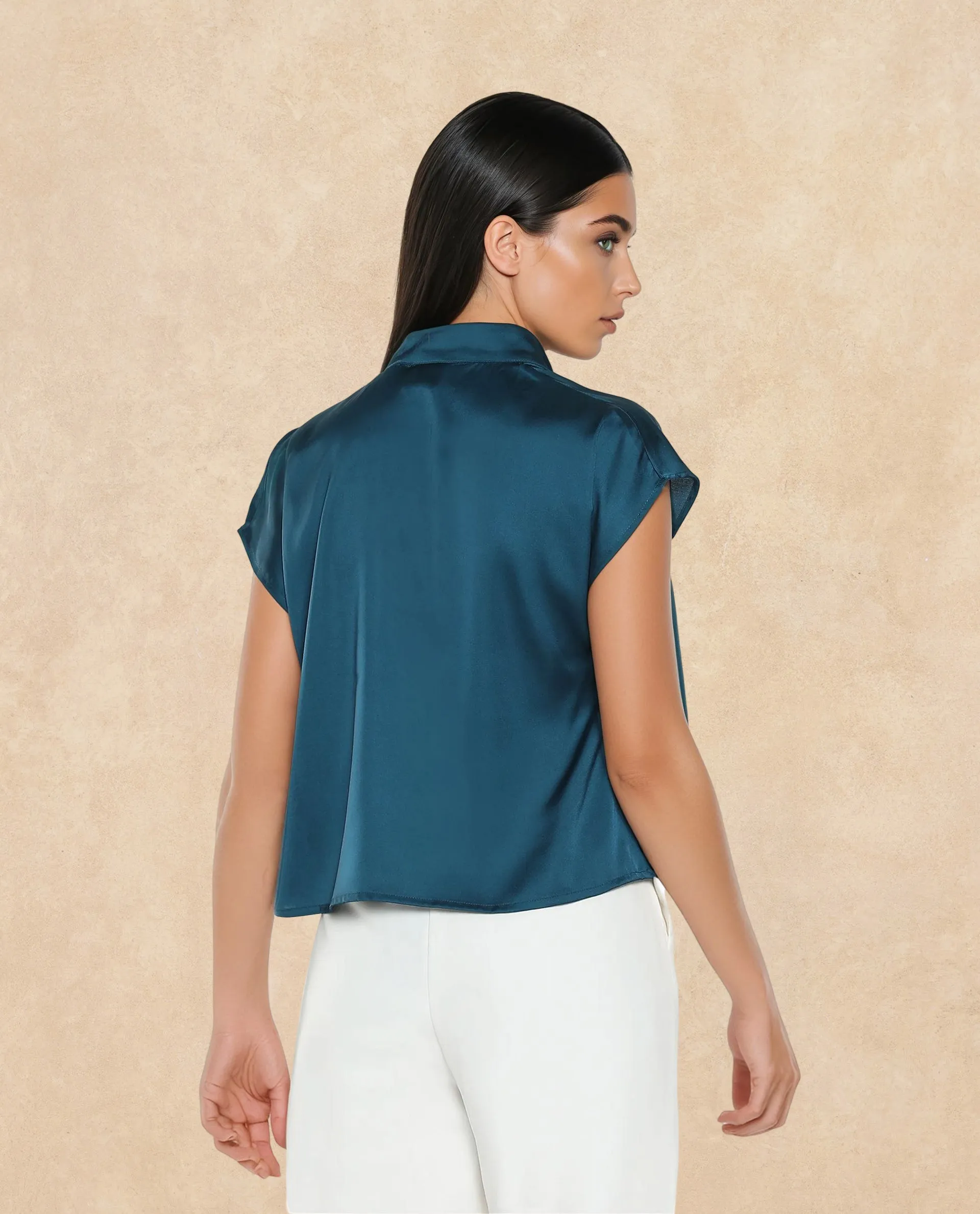 Rareism Women Plama Petrol Extended Sleeves Mandarin Collar Button Closure Plain Top
