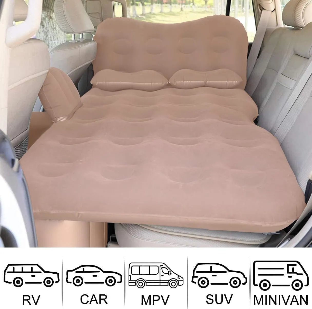 SAYGOGO Backseat Snooze Pad - Premium Car Nap Mattress with Pump and Two Pillows, Beige Edition
