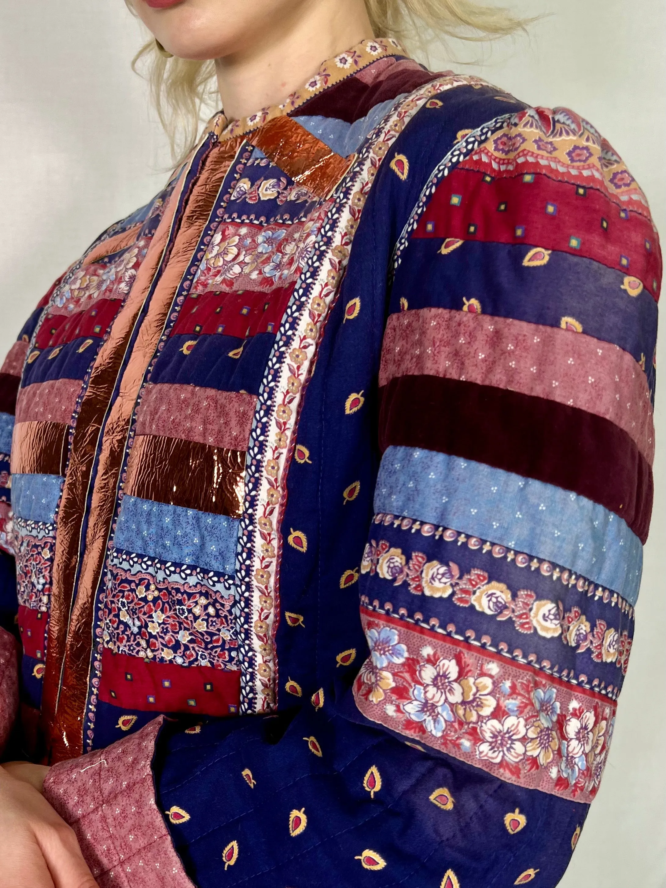 Sienna, patchwork 70s jacket with leather metallic butterfly