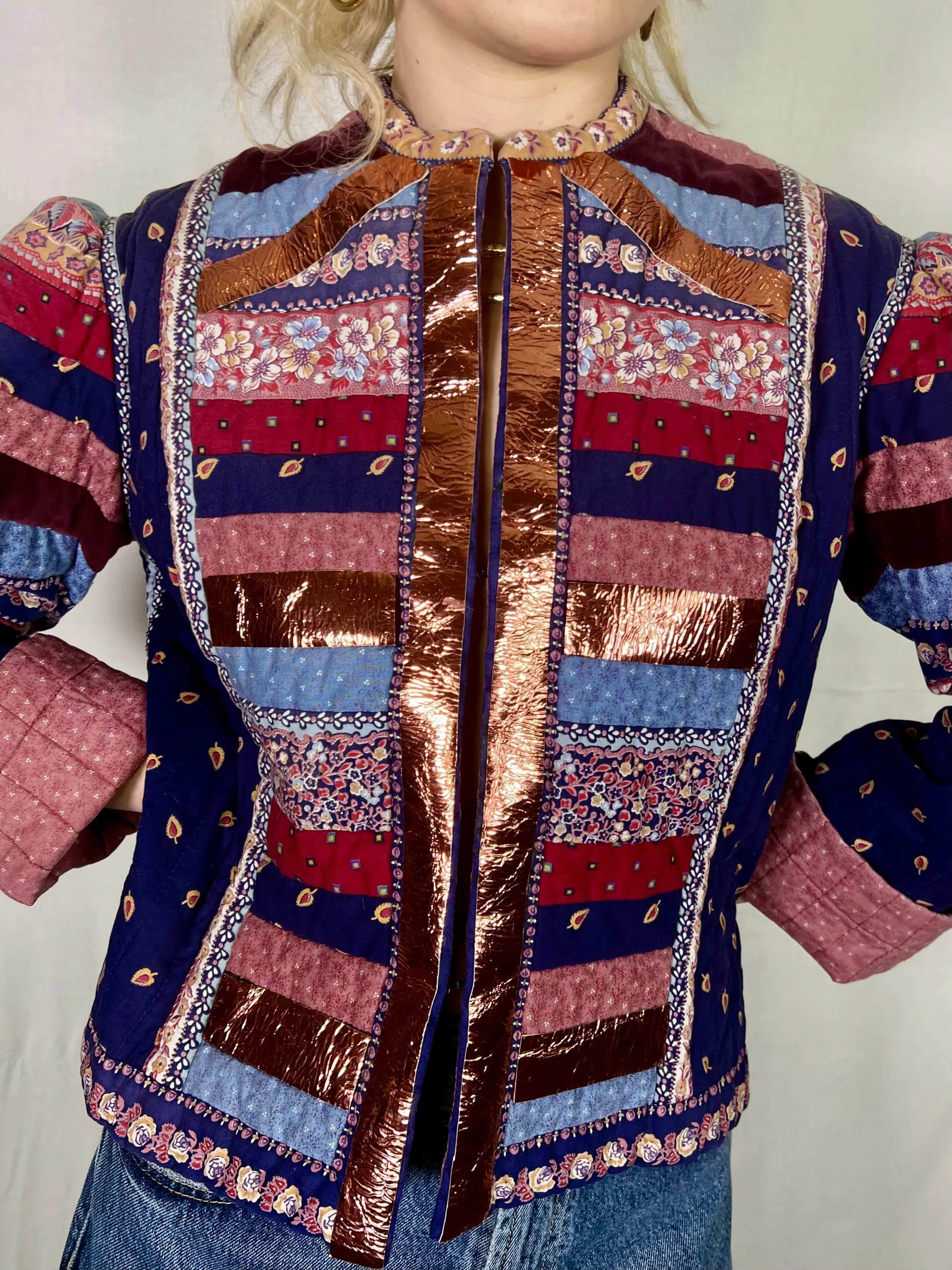 Sienna, patchwork 70s jacket with leather metallic butterfly