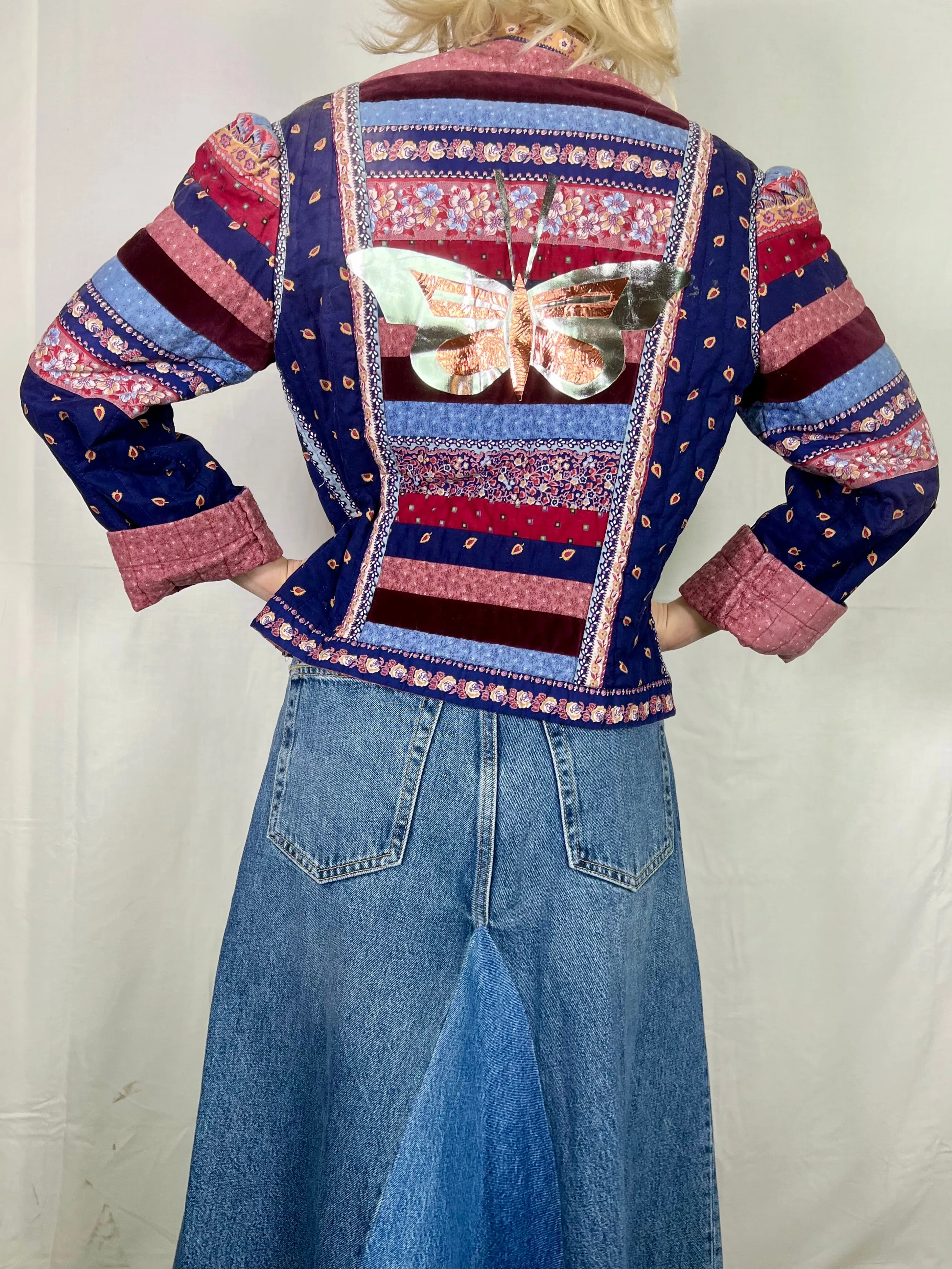 Sienna, patchwork 70s jacket with leather metallic butterfly