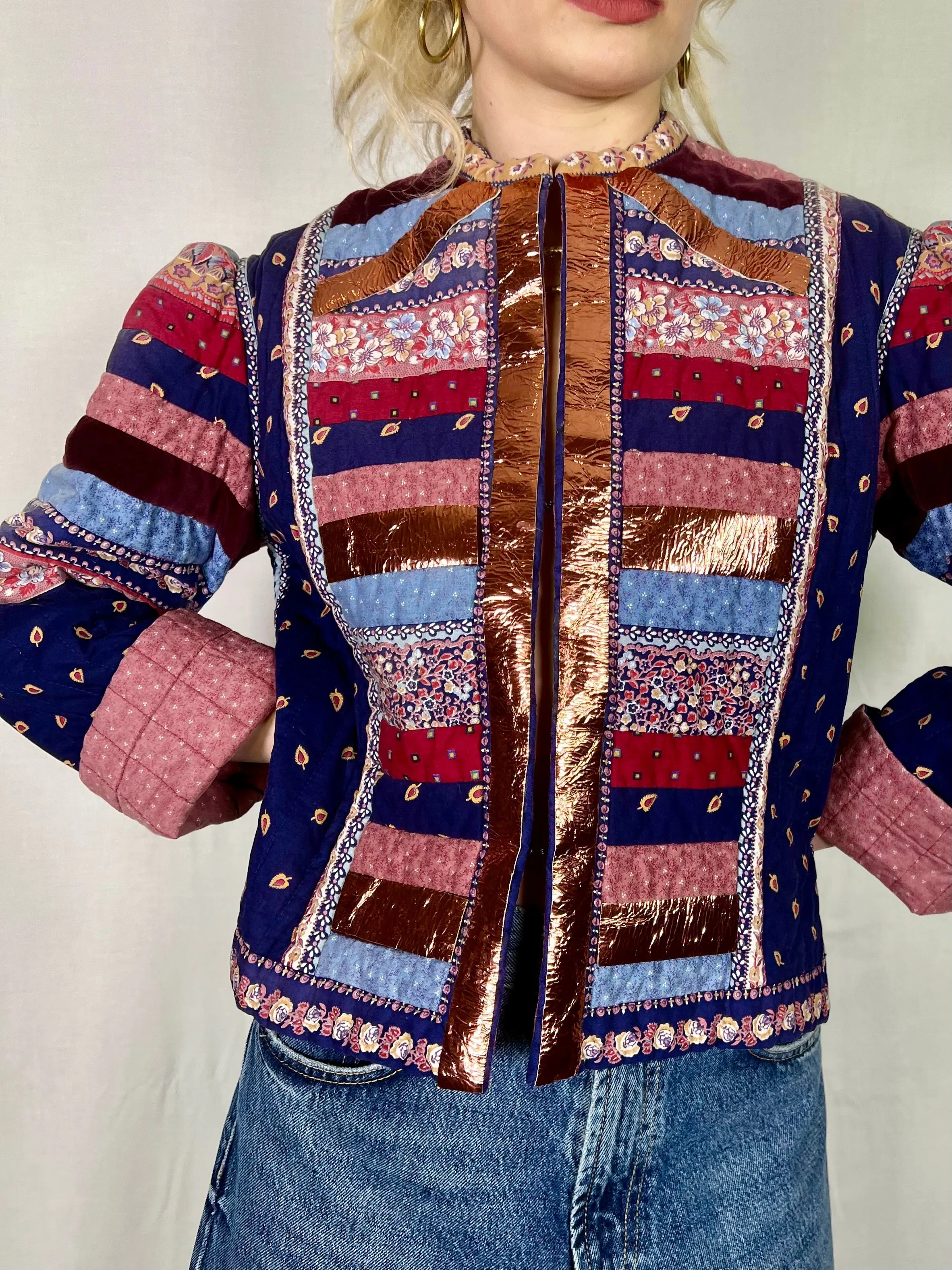 Sienna, patchwork 70s jacket with leather metallic butterfly