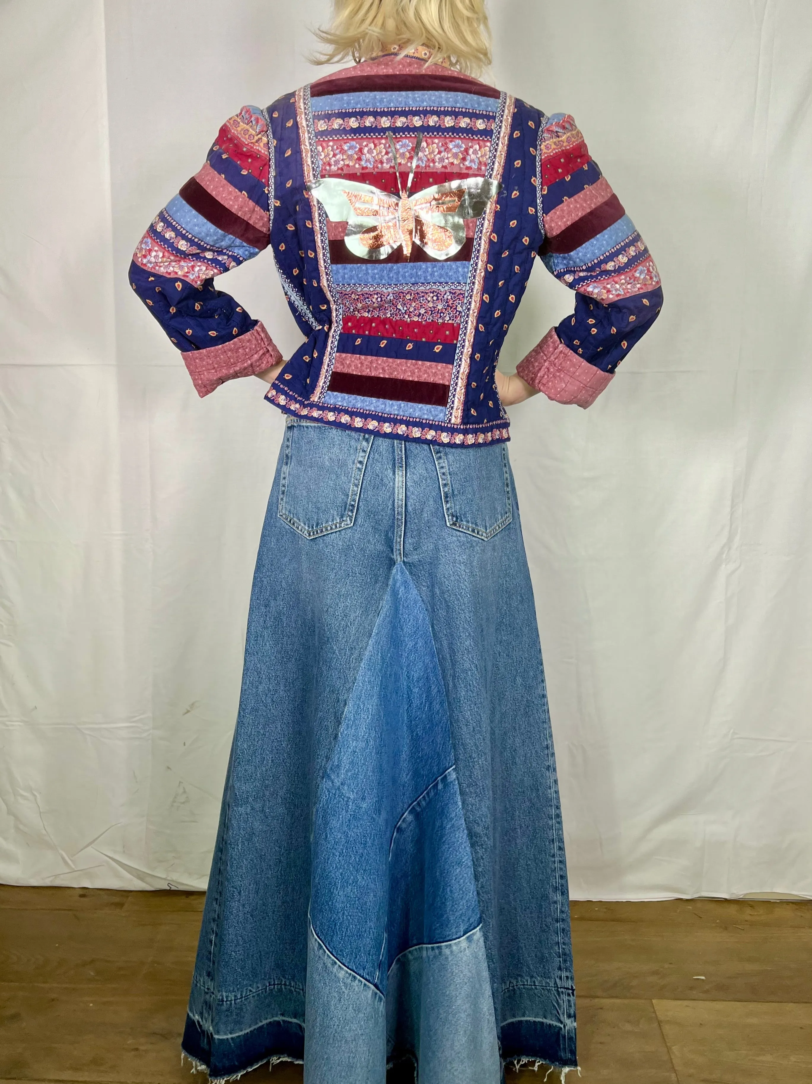 Sienna, patchwork 70s jacket with leather metallic butterfly