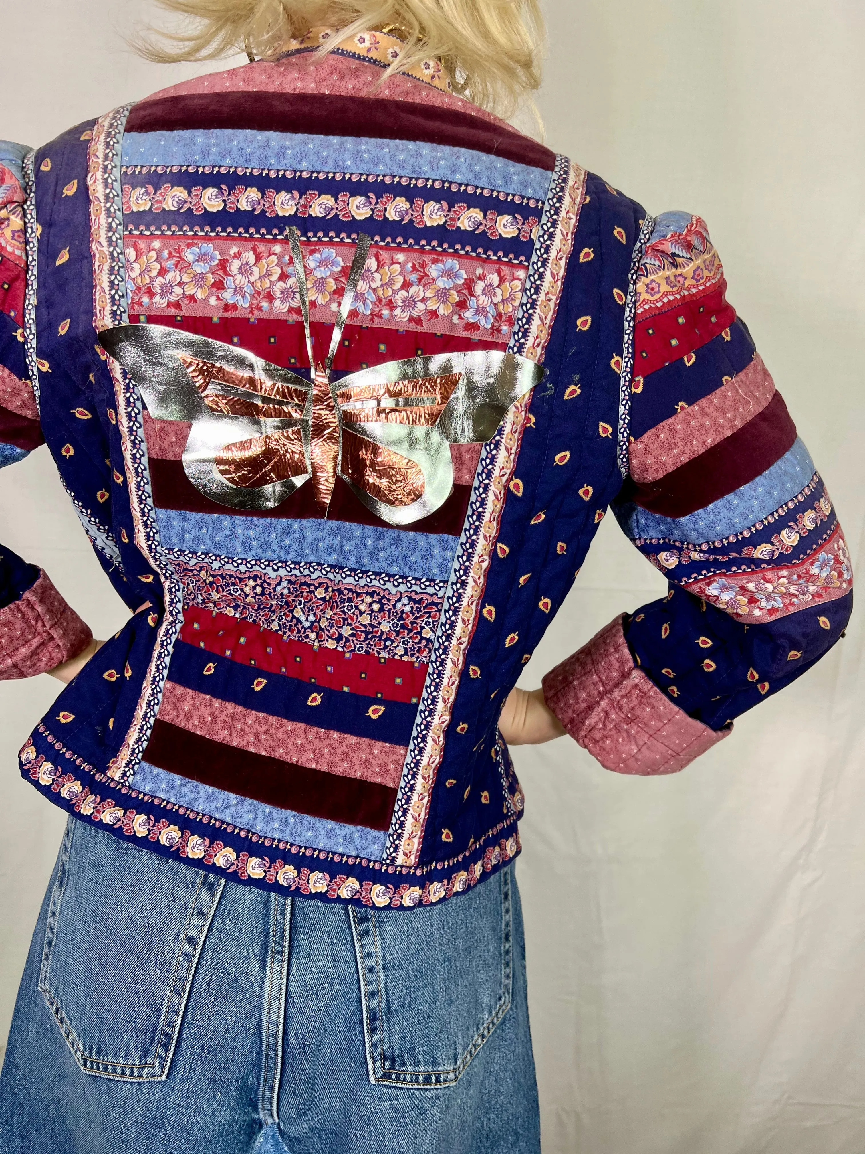 Sienna, patchwork 70s jacket with leather metallic butterfly