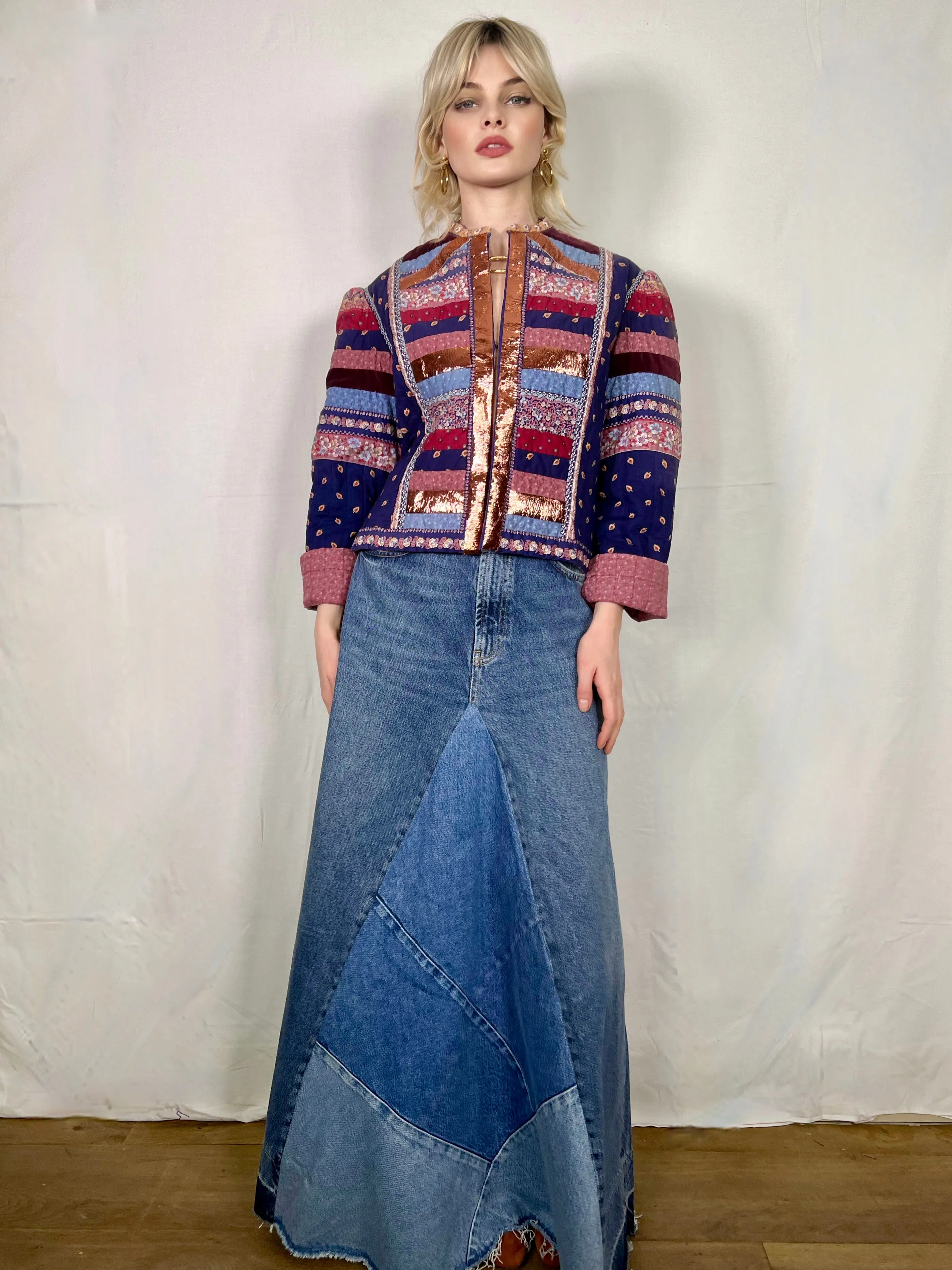 Sienna, patchwork 70s jacket with leather metallic butterfly
