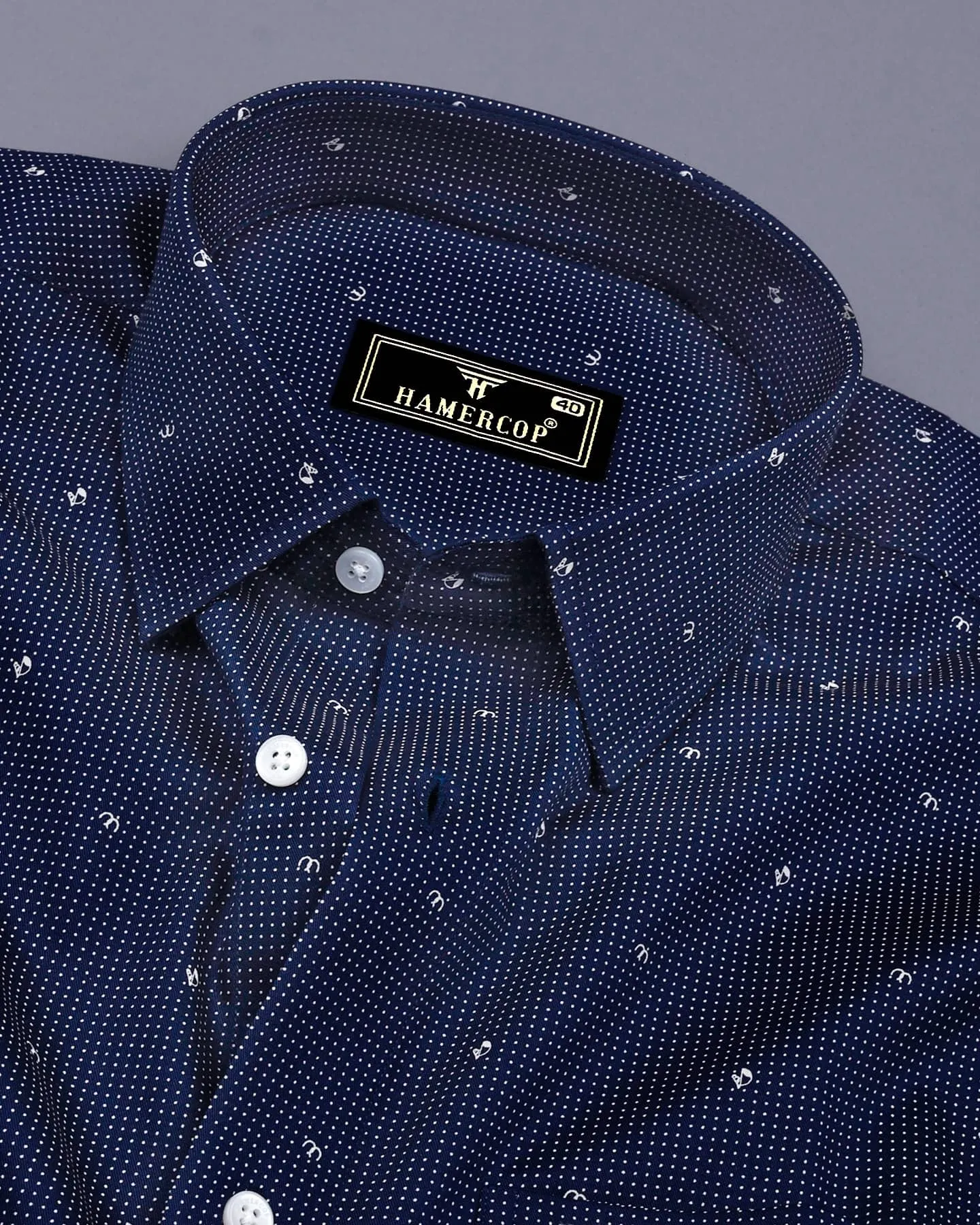 Space NavyBlue With White Small Polka Dot Printed Cotton Shirt