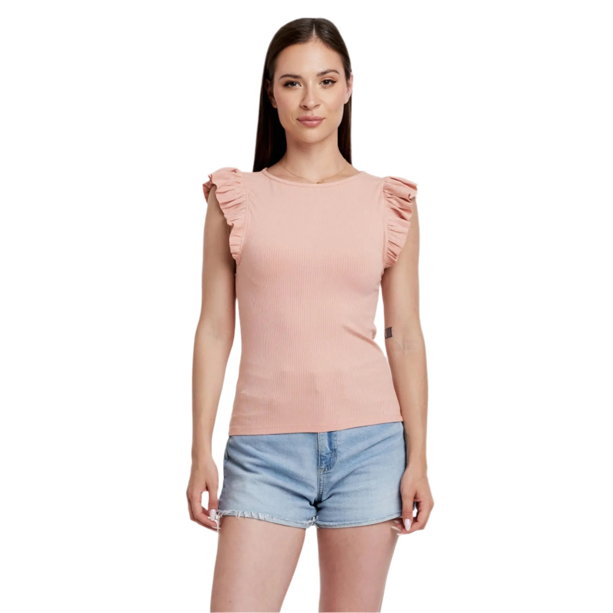 Women's Another Love Ribbed Ruffle Sleeve Blouse VCKN1753PTK