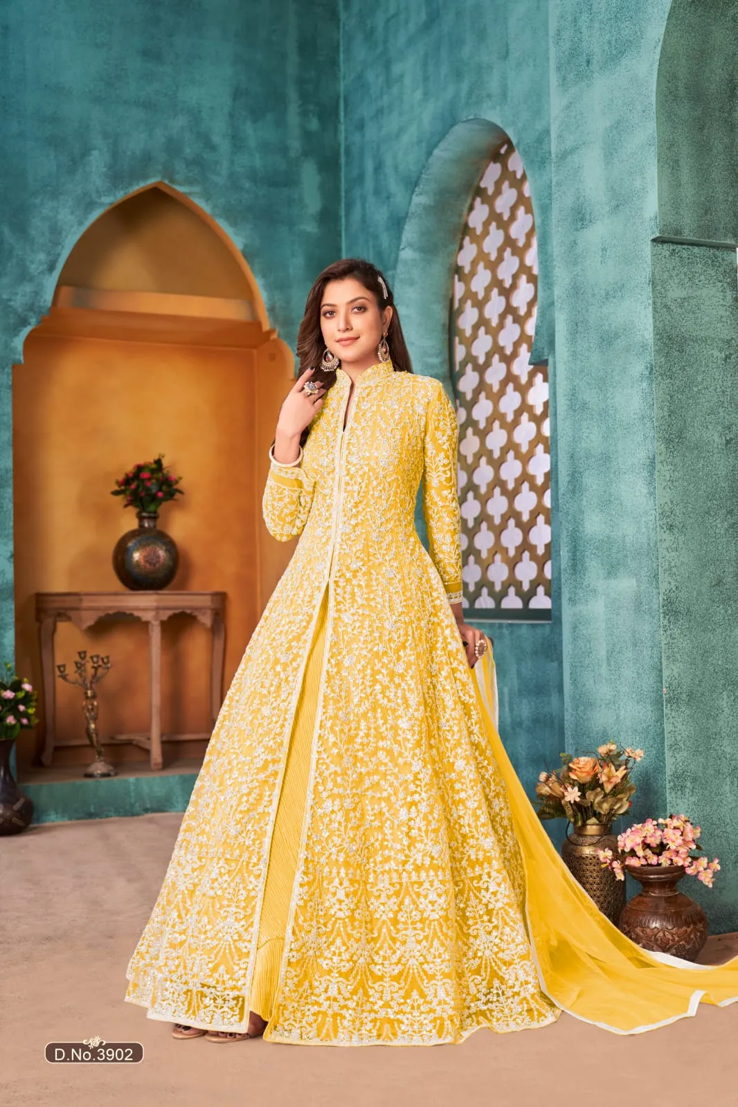 Yellow Colour Pure Soft Net with Heavy Cording & Sequins Work Readymade Gown