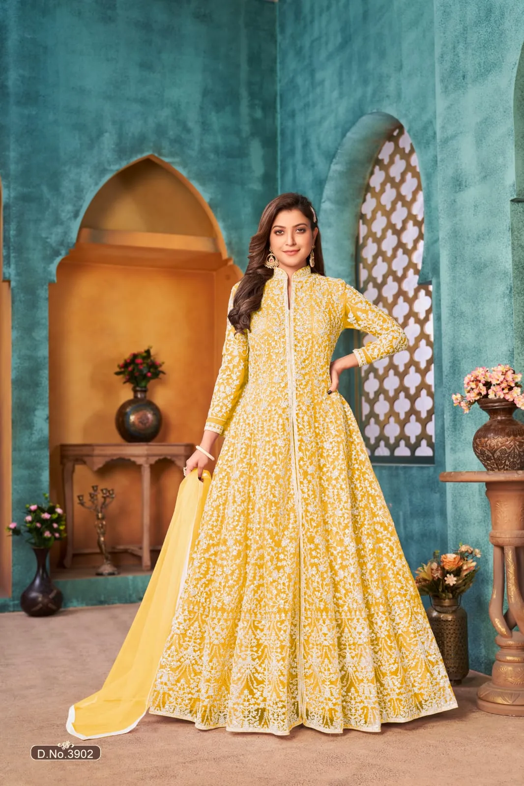Yellow Colour Pure Soft Net with Heavy Cording & Sequins Work Readymade Gown