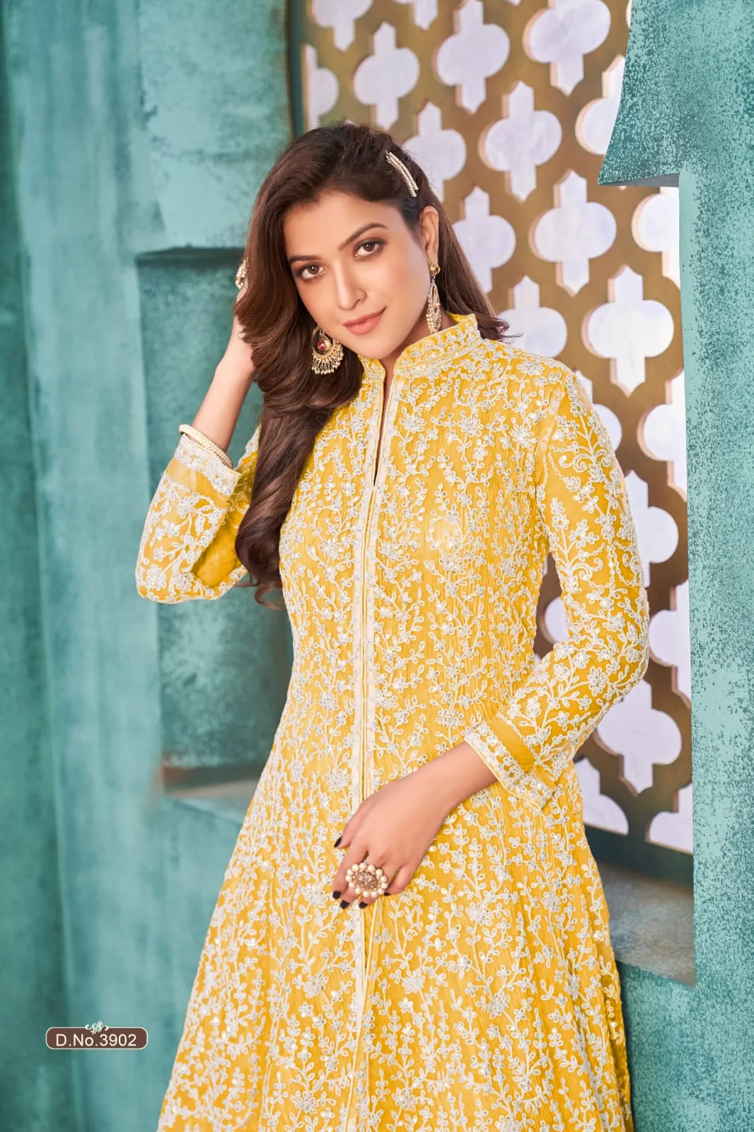 Yellow Colour Pure Soft Net with Heavy Cording & Sequins Work Readymade Gown